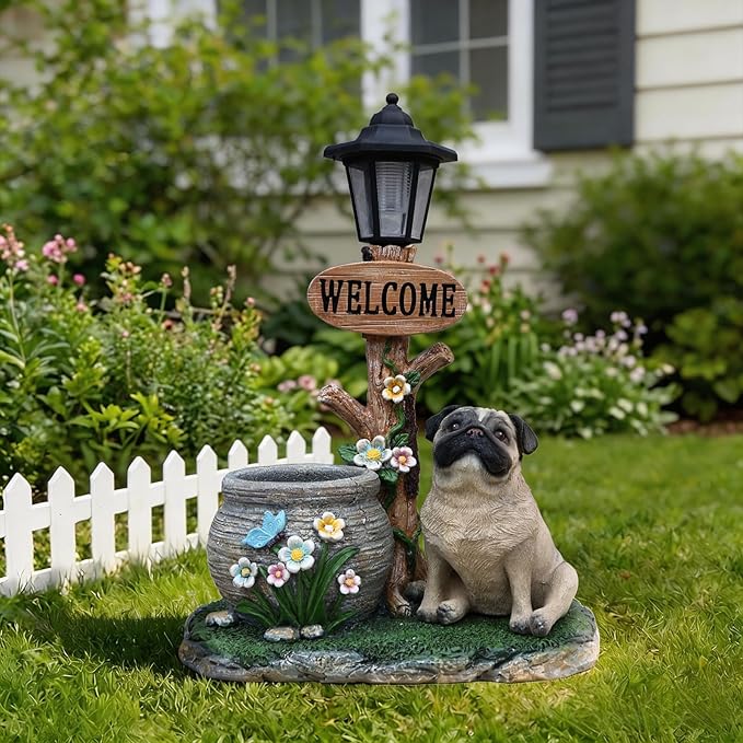 20" Solar Bulldog Garden Statue with Welcome Sign & Planter - Large Dog Sculpture with LED Street Lantern - Weatherproof Resin Decorative Flower Pot for Porch, Yard & Patio - Pet Lover Gift
