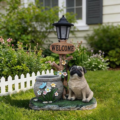 20" Solar Bulldog Garden Statue with Welcome Sign & Planter - Large Dog Sculpture with LED Street Lantern - Weatherproof Resin Decorative Flower Pot for Porch, Yard & Patio - Pet Lover Gift