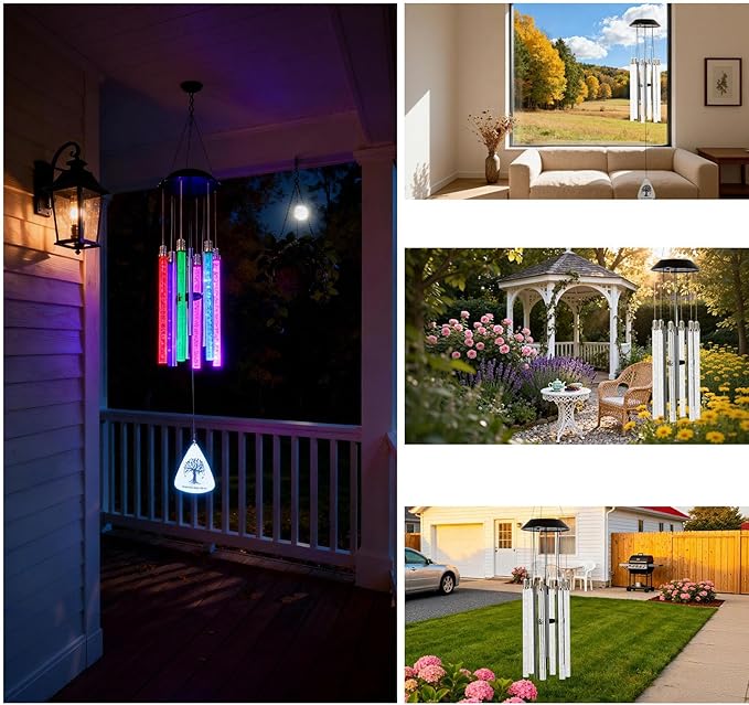 Solar Wind Chimes for Outside, 6 LED Tubes Color Changing Outdoor Clearance Unique Garden Decor Colorful Patio, Gifts for Her/Him Gift Version(37" Long)