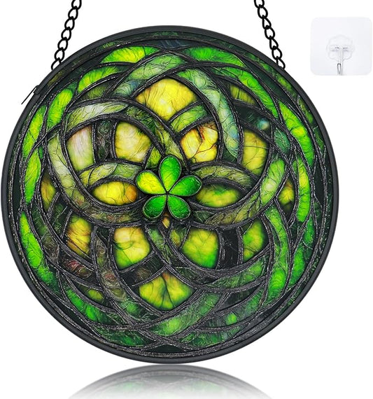 Stained Glass Windows Hanging - 6.3 Inch Shamrock Suncatcher, St Patricks Day Decorations for Window Home Door Wall Garden Outdoor and Mother's Day Birthday, Irish Gifts for Adults Women Men Mom