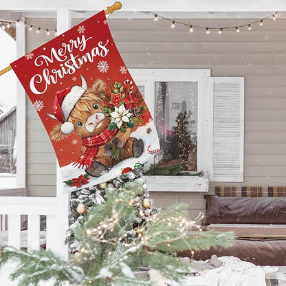 Heyfibro Merry Christmas Highland Cow Garden Flag 28x40 Inch Double Sided Burlap, Winter Snowflake Yard Flags for Holiday Xmas Seasonal Outdoor Decoration(ONLY FLAG)