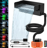 Pond Waterfall Spillway with LED Lights - 12-inch Stainless Steel Spillway and 850GPH Submersible Pump with Cover for Garden, Ponds, Backyard, Pool