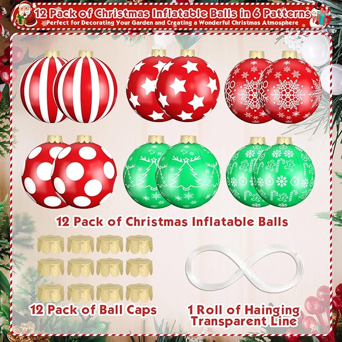 Flasoo 12 Pack Large Christmas Balls, 9 Inch Inflatable Christmas Ornaments for Outdoor Decoration, Big Christmas Ornaments Balls for Front Door Yard Tree Hanging Decoration