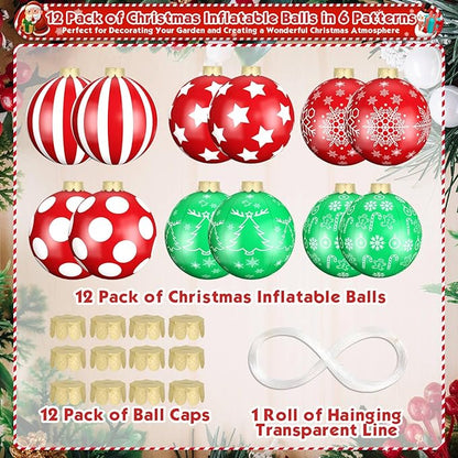 Flasoo 12 Pack Large Christmas Balls, 9 Inch Inflatable Christmas Ornaments for Outdoor Decoration, Big Christmas Ornaments Balls for Front Door Yard Tree Hanging Decoration