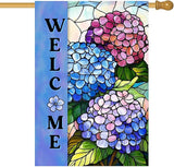 Hydrangea Spring Summer House Flag 28 x 40 Double Sided for Outside Stained Glass Flower Garden Decor Blue Floral Welcome Outdoor Yard Banner