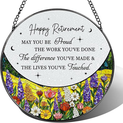 8” Stained Glass Suncatcher Ornament – Floral Retirement Window Hanging Decorations, Retirement Gifts & Retired Gifts for Women, Men, Friends, Coworkers, Teachers - Style E