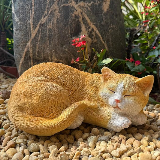 Sleeping Orange Cat Garden Statue – Realistic Resin Outdoor Decor for Patio Lawn Yard – Whimsical Feline Figurine for Home Balcony Porch Ornament – Charming Pet Sculpture Gift for Cat Lovers