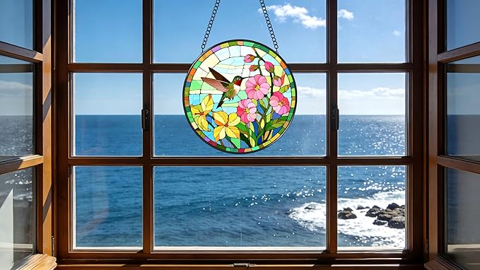 Funoasis Stained Glass Window Hanging 6.3 Inches Suncatcher - The Hummingbird Flew to The Edge of The Flower Ornaments Sun Catcher Home Decor Women Birthday