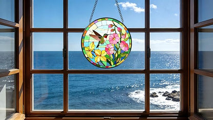 Funoasis Stained Glass Window Hanging 6.3 Inches Suncatcher - The Hummingbird Flew to The Edge of The Flower Ornaments Sun Catcher Home Decor Women Birthday
