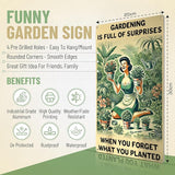 Funny Garden Decor Sign – Gardening Gifts for Women, Garden Decor Aluminum Outdoor Sign, Gardening Is Full of Surprises, Yard & Patio Gifts for Plant Lovers & Gardeners 12" x 8"
