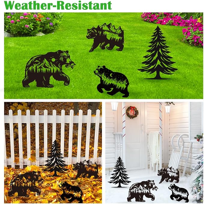 Bear Garden Stake Outdoor Yard Decor – Set of 4 Metal Black Lawn Ornament, Cute Bear Lover Gift for Women Men, Weather-Resistant Bear Silhouette Statues Yard Art for Patio