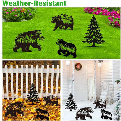 Bear Garden Stake Outdoor Yard Decor – Set of 4 Metal Black Lawn Ornament, Cute Bear Lover Gift for Women Men, Weather-Resistant Bear Silhouette Statues Yard Art for Patio