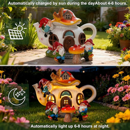 twinbling Solar Fairy Garden House Lights - Mushroom Teapot Gnome House Statue Set with 2 Mini Gnomes and 1 Mushroom Figurines, Outdoor Garden Decor, Gift for Gardeners and Moms (Set)