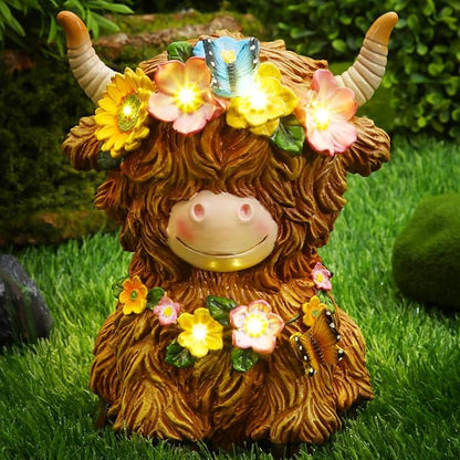 Colingmill Highland Cow Resin Figurine Highland Cow Statue Christmas Outdoor Decor with Flower for Patio, Yard, Gift for Mom, Calf Gnome Herd Lovers (Classic)
