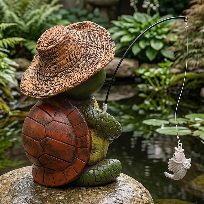 Elenon Fishing Turtle Garden Statue, 9" Turtle with Pole Decor for Koi Pond Waterfalls, Adorable Flower Bed Outdoor Yard Patio Art Decorative Sculptures Table Ornament