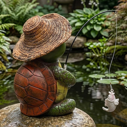 Elenon Fishing Turtle Garden Statue, 9" Turtle with Pole Decor for Koi Pond Waterfalls, Adorable Flower Bed Outdoor Yard Patio Art Decorative Sculptures Table Ornament