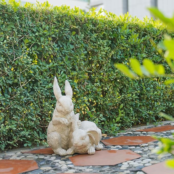 Garden-Statues - Easter Bunny Decor - Rabbit Figurine - Collectible Figurine - Spring 2 Nestled Bunny Sulpture Cream Rabbit for Easter Yard Framhouse Outdoor Décor 9*8.25*11.5 inch Newman House Studio