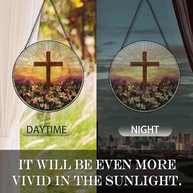 Cross Flower Suncatcher Stained Glass Window Hanging, Wildflower Cross Sun Catchers Indoor Window Glass Round Wall Decor, Religious Wall Art Hanging Decorations, 7.8＂x7.8＂