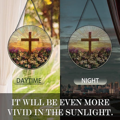 Cross Flower Suncatcher Stained Glass Window Hanging, Wildflower Cross Sun Catchers Indoor Window Glass Round Wall Decor, Religious Wall Art Hanging Decorations, 7.8＂x7.8＂