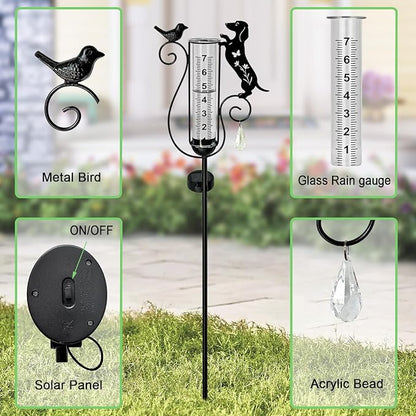 Dachshund Dog Rain Gauge Outdoor,Solar Powered Decorative Metal Dog and Bird Garden Stakes,Rain Gauges for Yard,Pathway,Lawn