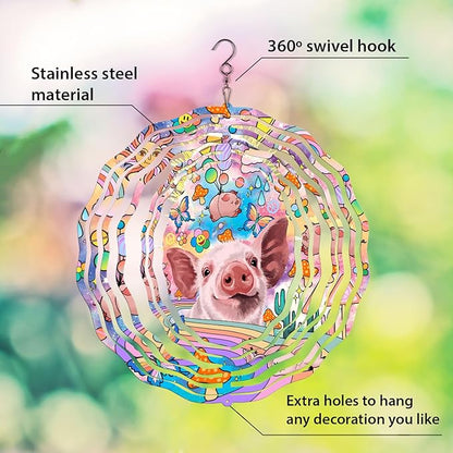 WIRESTER Hanging Wind Spinner 8 Inch, Metal 3D Wind Sculpture Ornament Decoration for Home Yard Garden Patio Balcony Indoor Outdoor - Playful Baby Pig