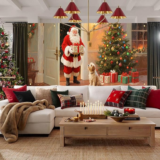 HOMETITUTE 13x6ft Christmas Garage Door Banner Santa with Dog Scene, Red Green Warm Light Backdrop Outdoor Indoor Xmas Wall Background Decor for Winter Holiday Porch Yard Seasonal Display