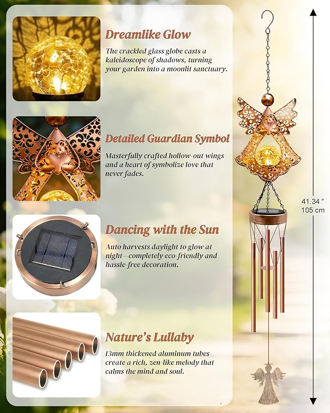 Solar Angel Wind Chimes for Outside: Melodious Mother's Day Birthday Gifts for Mom Women Grandma Her Wife - Weatherproof Metal Outdoor Decor Easy Hanging for Garden Patio Tree Window Memorial