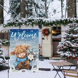 Heyfibro Welcome Winter Highland Cow Garden Flag 12x18 Inch Double Sided Burlap, Christmas Flower Pine Snowflake Snow Yard Flags for Seasonal Xmas Outside Outdoor Decoration (ONLY FLAG)