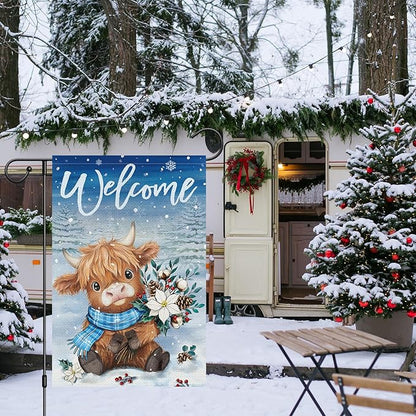 Heyfibro Welcome Winter Highland Cow Garden Flag 12x18 Inch Double Sided Burlap, Christmas Flower Pine Snowflake Snow Yard Flags for Seasonal Xmas Outside Outdoor Decoration (ONLY FLAG)