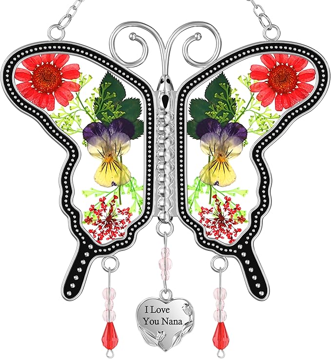 KY&BOSAM Suncatcher Butterfly Glass I Love You Nana Butterfly Suncatchers Ornament hangings for Windows Wind Chime with Pressed Flower Butterfly Embedded in Glass Mother`s Day Birthdays