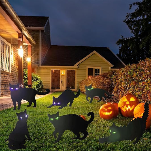 6 Pack Halloween LED Glowing Eyes Black Cat Glow in The Dark with Lights Outdoor Outside Halloween Decorations Scary Yard Signs Garden Decor Lawn for Pathway Stake Thickened Silhouette
