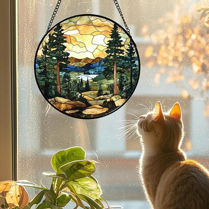 Stained Glass Window Hanging Forest Lake Mountain Sunset Large 15" - Suncatcher Door Garden Sunroom Sun Catcher Home Decor Birthday Christmas for Mom Men Woman Nana Friend