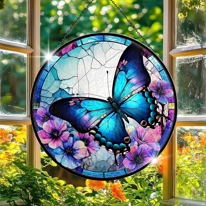 Butterfly Stained Glass Window Hanging - 7.9'' Handmade Sun Catcher Floral Garden Decor, Colorful Glass Panel Crystal Butterfly Wall Art for Home Windows - Birthday Gifts for Women, Mom, Nature Lovers