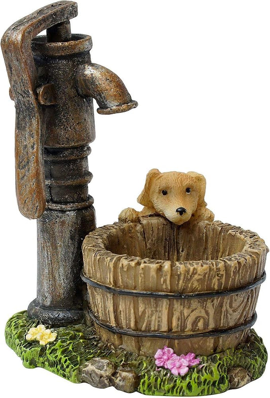 Well Puppy And Wash Basin Antique Brown 3 Inch Resin Stone Outdoor Statue