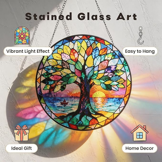 Stained Glass Tree of Life Suncatcher, Handmade Rainbow Maker Window Hanging for Garden or Home – Memorial & Sympathy Gifts, Remembrance Gift for Women Mom Family, Whimsical Decor (Colorful, Medium)