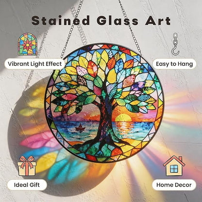 Stained Glass Tree of Life Suncatcher, Handmade Rainbow Maker Window Hanging for Garden or Home – Memorial & Sympathy Gifts, Remembrance Gift for Women Mom Family, Whimsical Decor (Colorful, Medium)