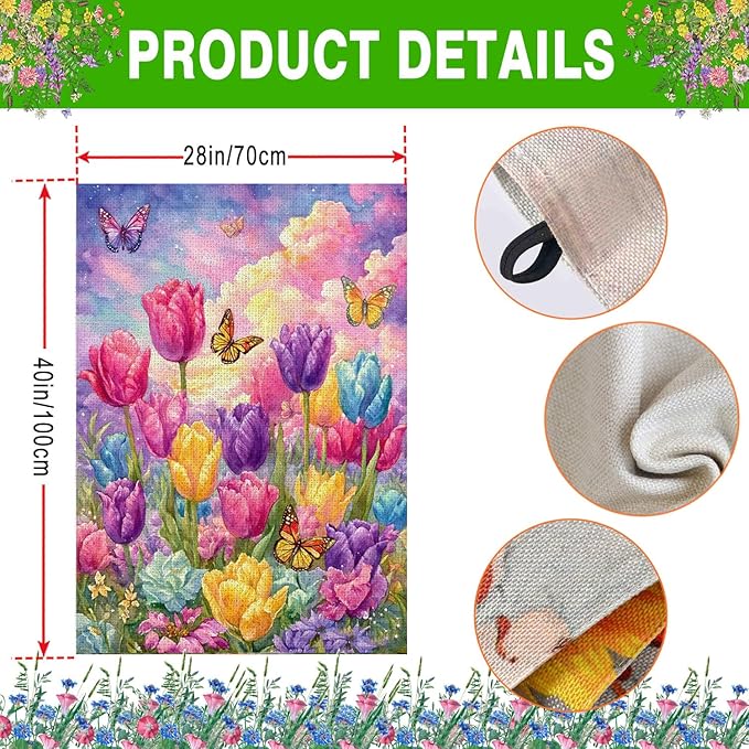 Spring Summer Tulip House Flag 28x40 Inch Double Sided Outside, Seasonal Flower Butterfly Large Yard Flag Outdoor Decoration