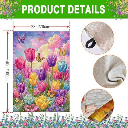 Spring Summer Tulip House Flag 28x40 Inch Double Sided Outside, Seasonal Flower Butterfly Large Yard Flag Outdoor Decoration