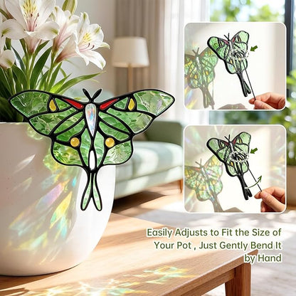 Luna Moth Sun Catcher Stained Glass - IDEA SHOW Handmade Real Glass Suncatcher Ornaments, Elegant Green Butterfly Memorial Gifts Design for Indoor and Outdoor Plant Decoration, Plant Lovers Gifts