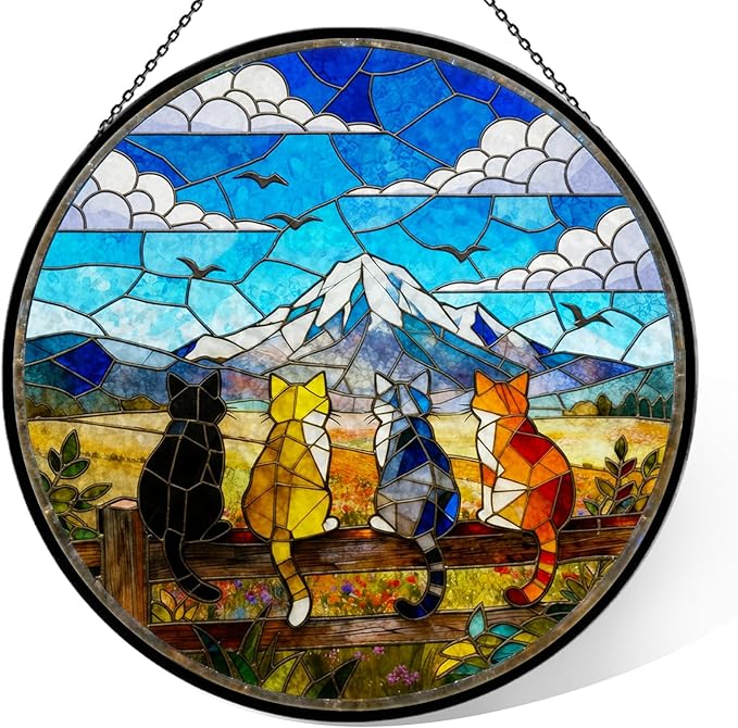 Cats Stained Glass Window Hanging - 4 Cats on a Fence Suncatcher for Window Doors Home Decor - Blue Sky Mountain Sun Catchers - Christmas Mother's Day Birthday Gifts for Mom Women Men, 7.9in