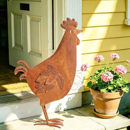 Metal Rooster Garden Decor for Outside, 17.3" Rusty Chicken Outdoor Decor for Patio Lawn Backyard, Decoration Yard Art Animal Ornaments Vintage Rustic Chicken Figurine Sculptures Statues