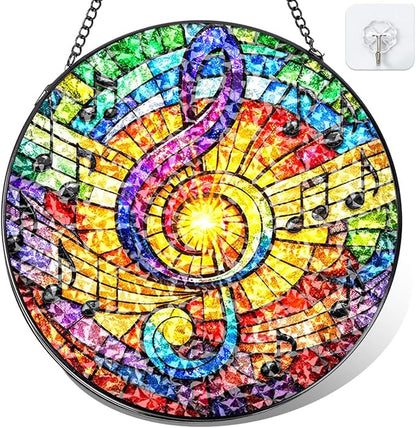 Music Note Stained Glass Window Hanging - Round Musical Suncatcher with Chain, Colorful Glass Ornament for Music Studio Home Garden Decor Gift, 8 Inch
