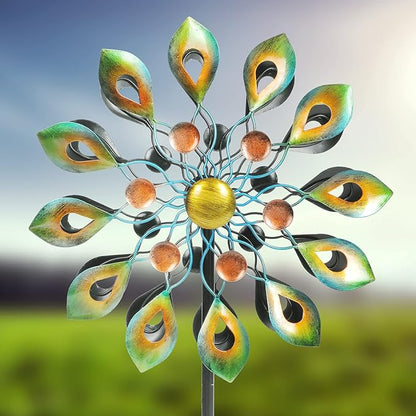 63 Inch Kinetic Wind Spinners with Stake, Metal Windmill Garden Decorations, 360 Swivel Peacock Outdoor Wind Sculpture, Dual Direction Wind Catcher for Yard Art, Lawn Decor, Idea Gifts
