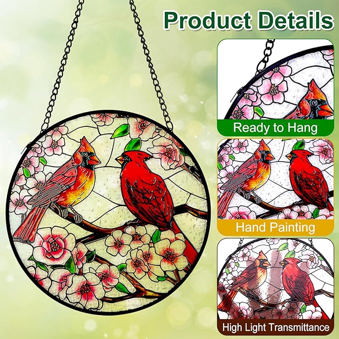 Remiawy Cardinal Stained Glass Window Hanging, 6 Inch Sun Catcher Glass Panel with Metal Chain and Hooks Suncatcher Indoor Window Wall Art Home Decor Gift for Bird Lovers Women Mother's Day Christmas