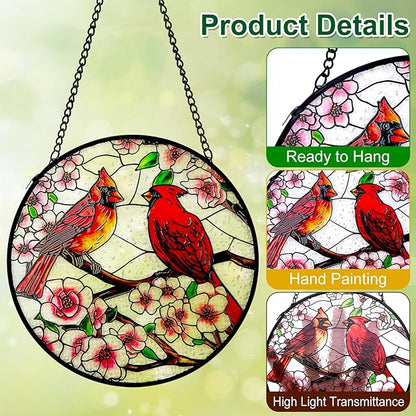 Remiawy Cardinal Stained Glass Window Hanging, 6 Inch Sun Catcher Glass Panel with Metal Chain and Hooks Suncatcher Indoor Window Wall Art Home Decor Gift for Bird Lovers Women Mother's Day Christmas