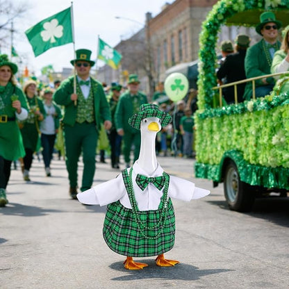 Watayo 4 Pcs/Set St. Patrick's Day Porch Goose Outfits, Lawn Goose Statue Green Plaid Costume, Irish Green Garden Goose Clothes Dress Hat and Bead Necklaces for 23" High Statue Patio Yard Decor