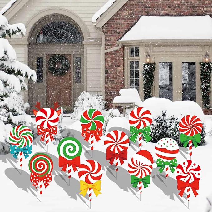 12-Piece Christmas Lollipop Yard Signs with Stakes Decorations – Assorted Candy Cane Peppermint Designs 14 Inches Large Outdoor Holiday Candy Signs for Garden, Lawn, Driveway, and Christmas Party Favor