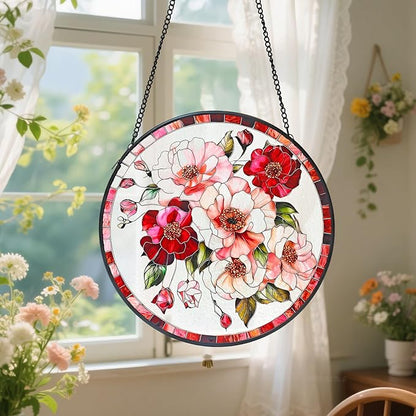 Stained Glass Window Hanging, Pink Flower Sun Catchers for Windows Hanging Ornaments, Garden Sun Catcher Panel Gifts for Flower Lover for Women, Mom, Grandma