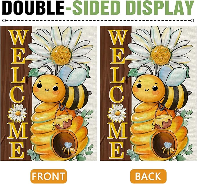 Dyrenson Welcome Spring Summer Bumble Bee 28 x 40 House Flag Double Sided, Daisy Flower Honeycomb Garden Yard Decorations, Farmhouse Honey Floral Burlap Outdoor Decor Decorative Large Flag