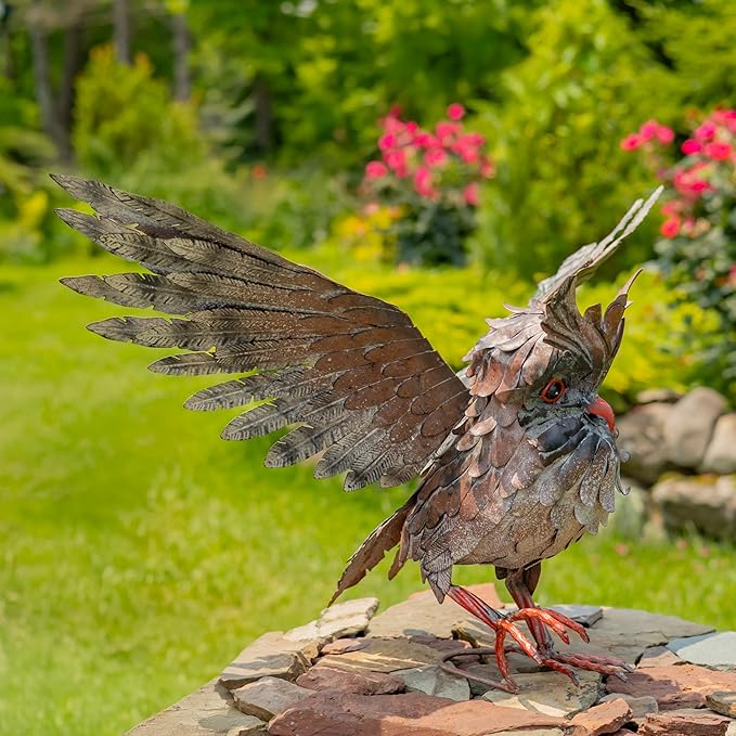 Zaer Ltd. Great Horned Owl Metal Garden Accent, Indoor/Outdoor Decor, Hand-Painted Black-Grey Finish (19" Tall Ash)